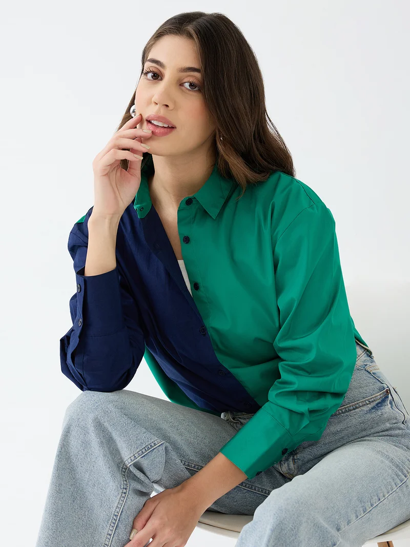 globus Women Green Colorblocked Collared Neck Cuffed Sleeves Oversized Shirt