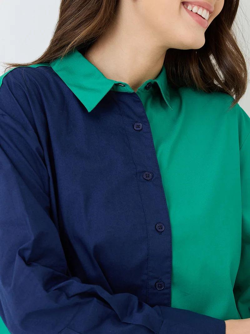 globus Women Green Colorblocked Collared Neck Cuffed Sleeves Oversized Shirt