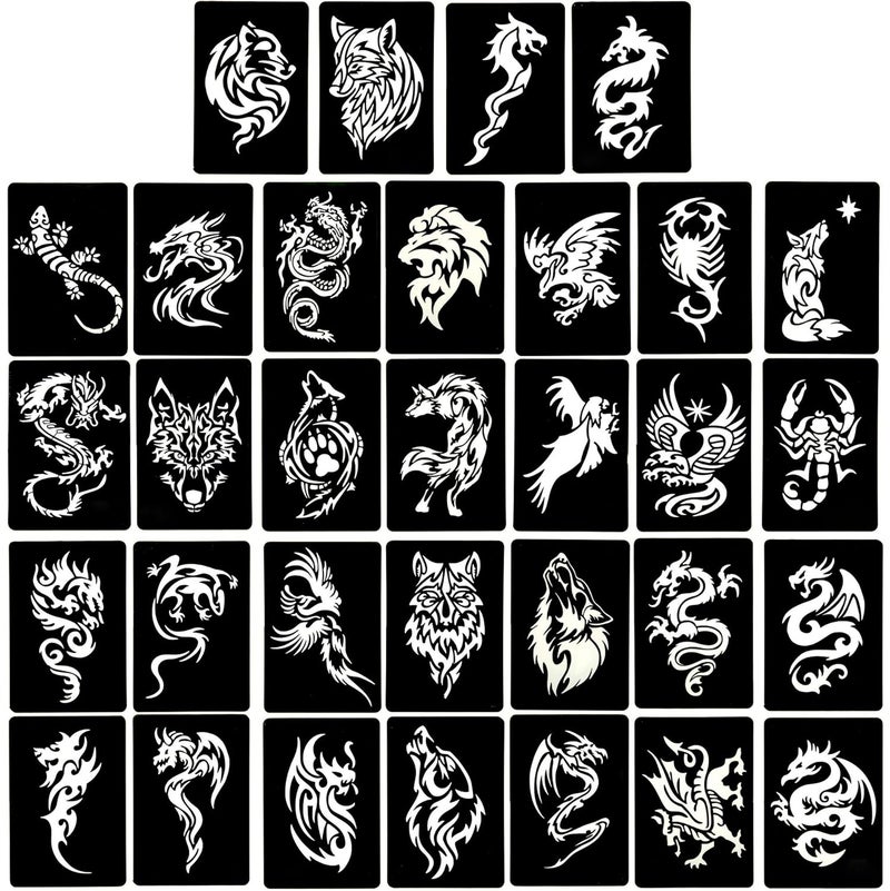 4 Sheets Temporary Tattoo Stencils, 32pcs Animal Patterns Henna Tattoo Stencil Kit Temporary Glitter Airbrush Tattoo Stencils Arabian Tattoo Stickers for Face Body Paint Art
