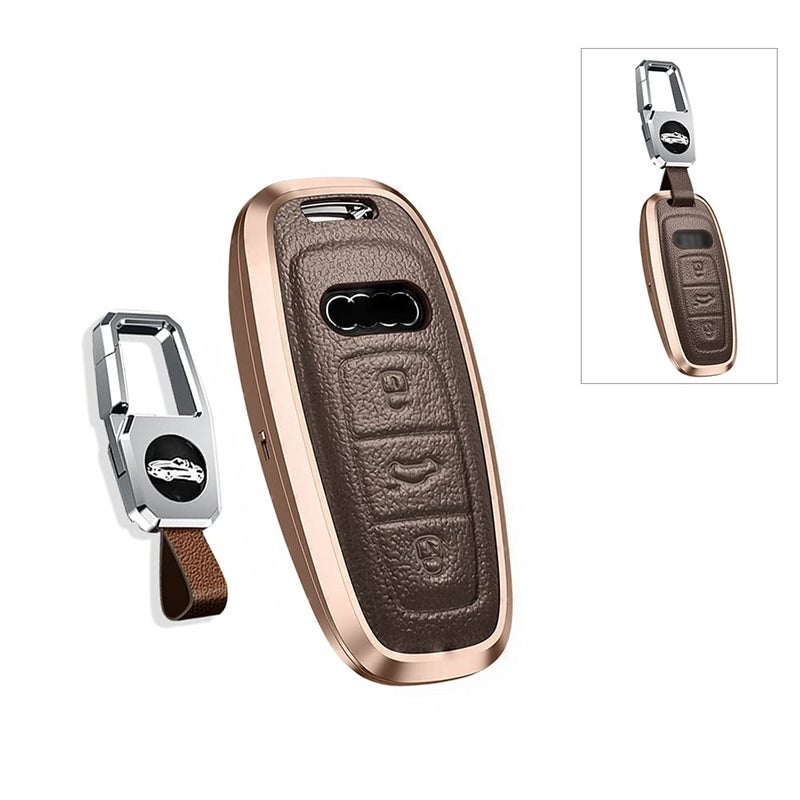SANRILY 1Pcs Keyless Brown Key Fob Cover for Audi A6 A7 A8 2020 2021 E-tron Q8 Q7 Metal Leather Key Protector Case Shell with Keychain - Image 1