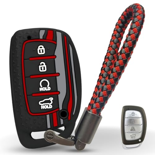 KEYCEPT غطاء مفتاح سيليكوني ثلاثي النجوم لهيونداي ألكازار، كريتا، EV 2021 N لاين مفتاح ذكي بأربعة أزرار مع سلسلة مفاتيح. (النوع 6، أسود) - Image 1