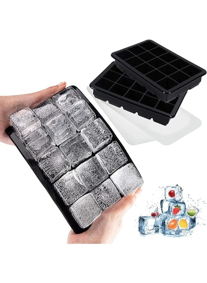 صينية مكعبات ثلج بغطاء 2 عبوة، قوالب مكعبات ثلج سيليكون، قوالب مكعبات ثلج سهلة التحرير 15 مكعب ثلج مربع لكل صينية، مرنة خالية من مادة BPA قابلة لإعادة الاستخدام وقابلة للتكديس للمجمد، شوكولاتة، طعام الأطفال، عصائر، أسود - Image 1