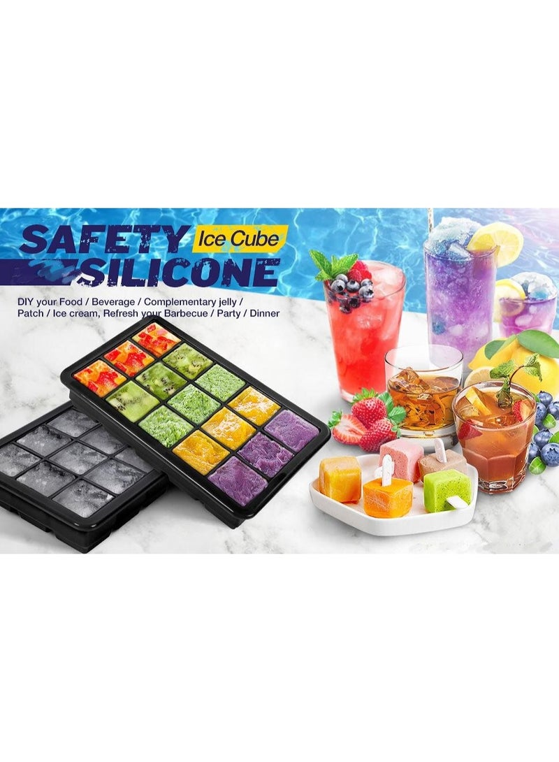 صينية مكعبات ثلج بغطاء 2 عبوة، قوالب مكعبات ثلج سيليكون، قوالب مكعبات ثلج سهلة التحرير 15 مكعب ثلج مربع لكل صينية، مرنة خالية من مادة BPA قابلة لإعادة الاستخدام وقابلة للتكديس للمجمد، شوكولاتة، طعام الأطفال، عصائر، أسود - Image 2