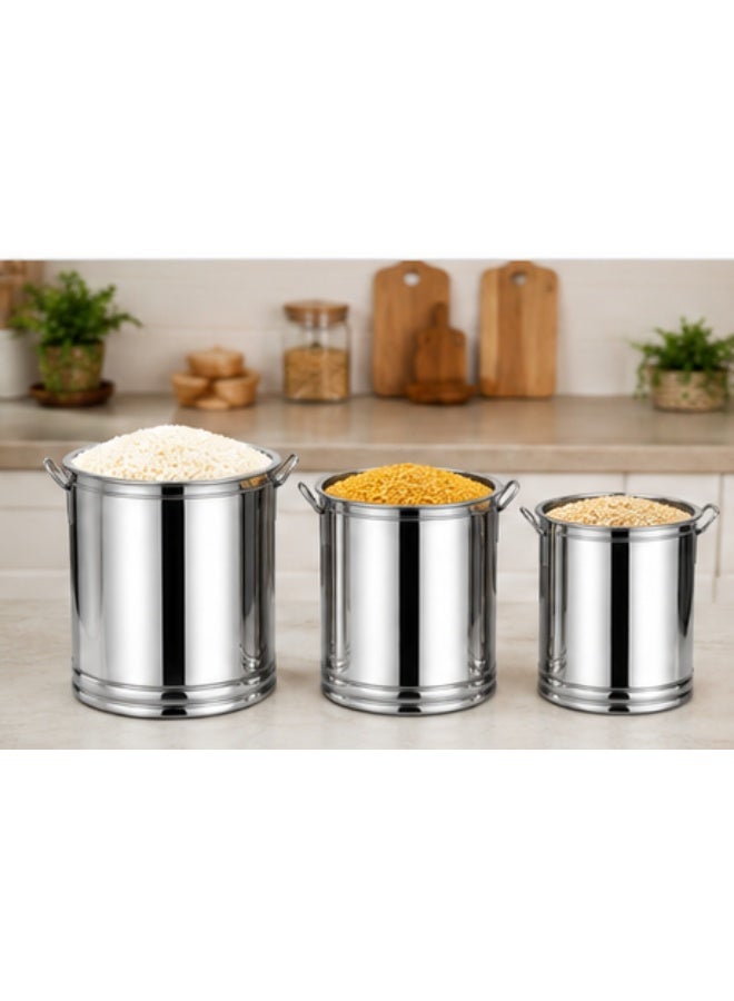 Prabha Stainless Steel Kunda Pawali Set - 3-Piece (14", 16" 18") Storage Solution for Cereals | Ideal for Home & Kitchen Organization - Image 2