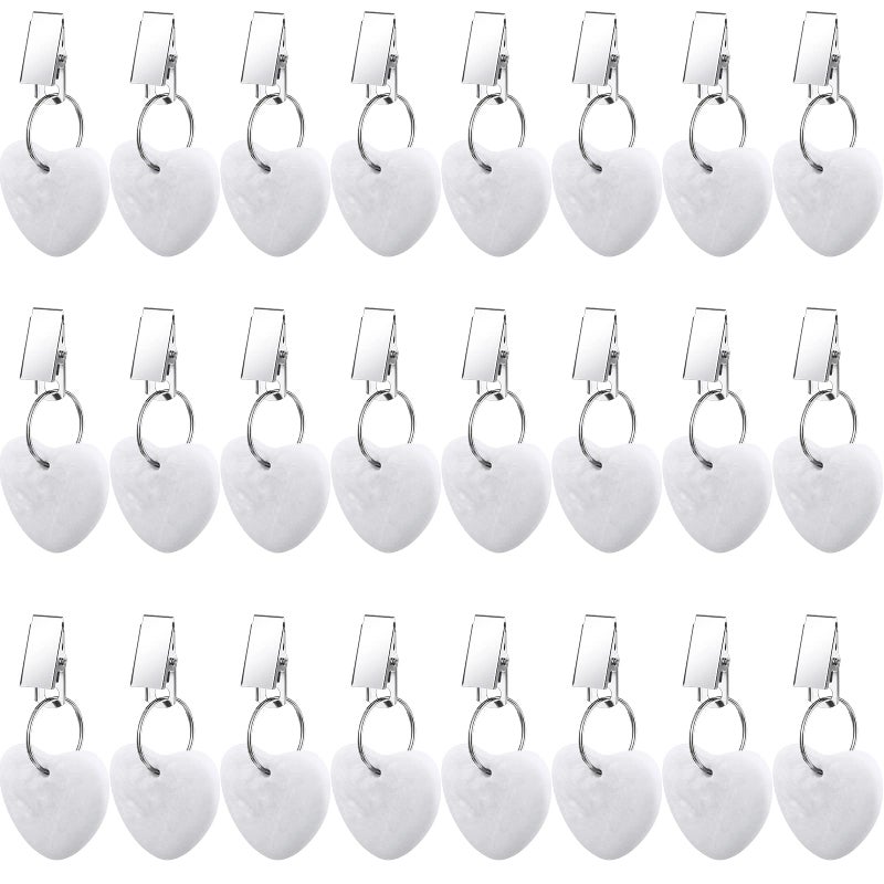 Sawysine 24 Pack Tablecloth Weights for Outdoor Tables Heart Shape Small Tablecloth Weights Stone Pendant with Stainless Steel Clips for Holding Things DownWhite 