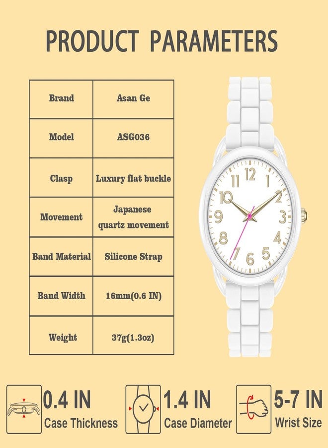 Asan Ge Women's Water Resistant Watch, Stylish Silicone Strap for Women's Wrists 5IN-7IN, 36MM Dial with Arabic Numerals Easy to Read, White - Image 4
