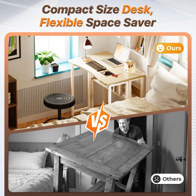 Huuger Folding Desk with Storage Shelf, 31.5 Inch Foldable Computer Table for Small Spaces, Space Saving Sofa Table for Couch, Writing Work Office Computer Desk, Easy to Fold, Oak - Image 2