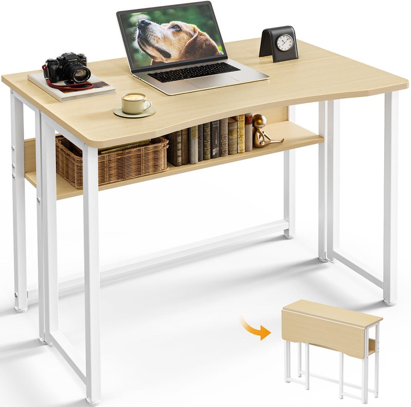 Huuger Folding Desk with Storage Shelf, 31.5 Inch Foldable Computer Table for Small Spaces, Space Saving Sofa Table for Couch, Writing Work Office Computer Desk, Easy to Fold, Oak - Image 1
