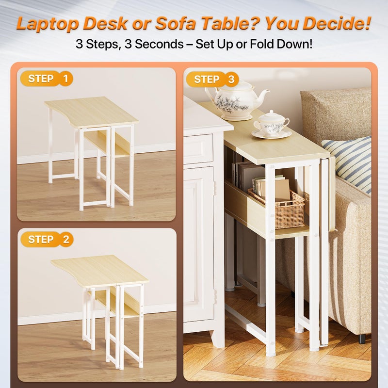 Huuger Folding Desk with Storage Shelf, 31.5 Inch Foldable Computer Table for Small Spaces, Space Saving Sofa Table for Couch, Writing Work Office Computer Desk, Easy to Fold, Oak - Image 3