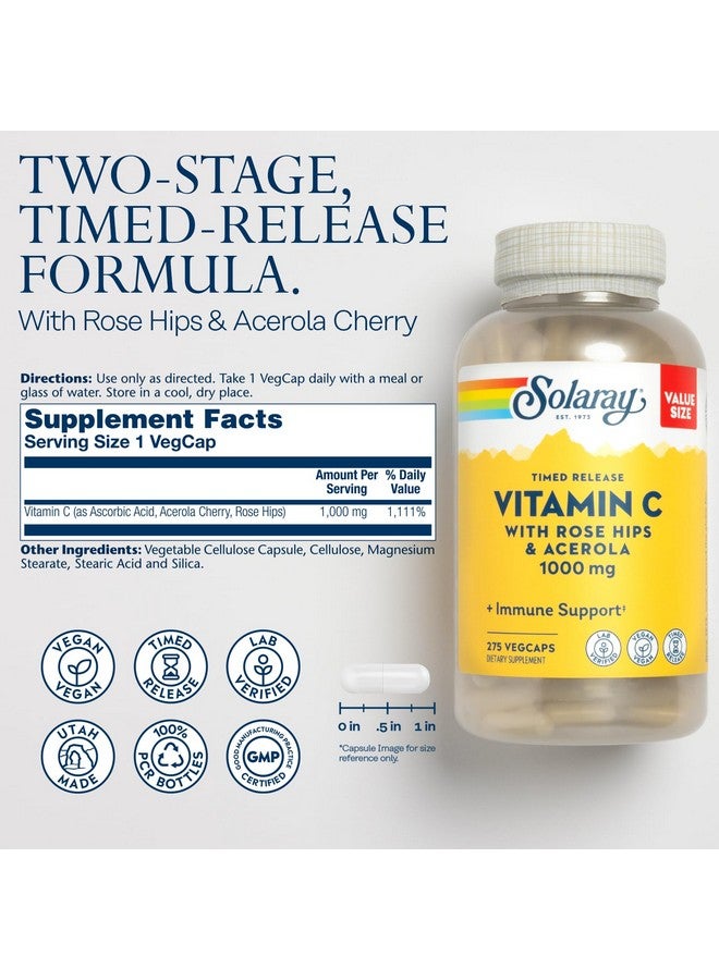 SOLARAY Vitamin C 1000mg Timed Release Capsules with Rose HIPS & Acerola Bioflavonoids, Two-Stage for High Absorption & All Day Immune Function Support, 60 Day Guarantee, 275 Servings, 275 VegCaps - Image 2