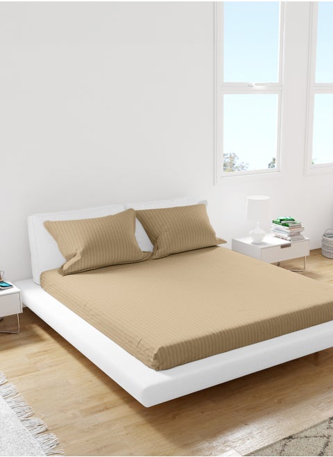 Double Striped Fitted Elastic Bedsheet with 2 Pillow Case 160 x 200 Cm Beige