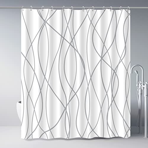 Punkray Grey and White Striped Polyester Shower Curtain for Bathroom with Hooks, Curtains 72 Inches Long, Weighted Hem, Waterproof Bath Accessories Hotel Style - Machine Washable - Image 1