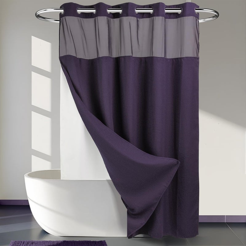 Heavyweight No Hooks Required Dotted Waffle Weave Shower Curtain with Snap in Liner  71W x 74HHotel GradeSpa Like Bath CurtainRegal Purple