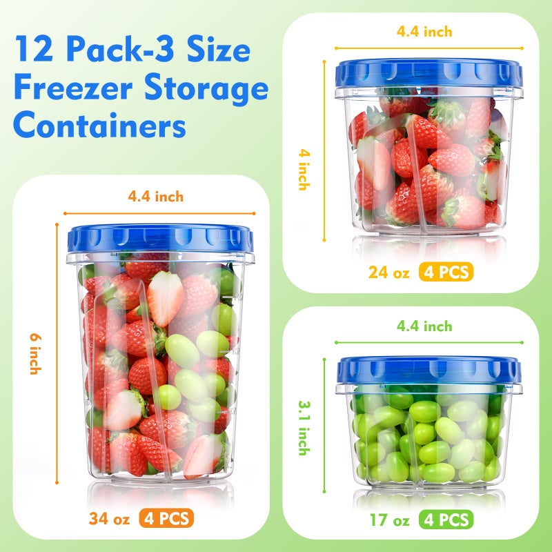 BiuLeon 12 Pack- 34/24/17oz Freezer Storage Containers, Plastic Food Storage Containers with Twist Top Lids, BPA Free and Reusable Soup Containers with Lids, Leakproof/Microwave/Dishwasher Safe - Image 2