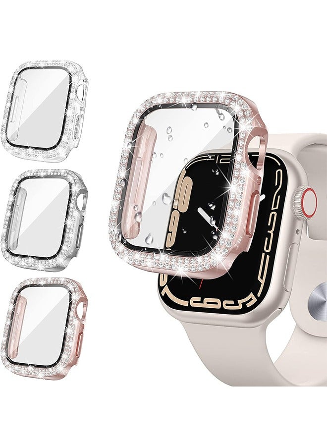 3 قطع أبل ووتش حامي الشاشة سلسلة 9/8/7 45mm الملحقات، iWatch الصلبة PC الماس حالة الوفير المدمج في فيلم الزجاج المقسى، واقية بلينغ غطاء الوجه للنساء الفتيات، 45 ملم - Image 1
