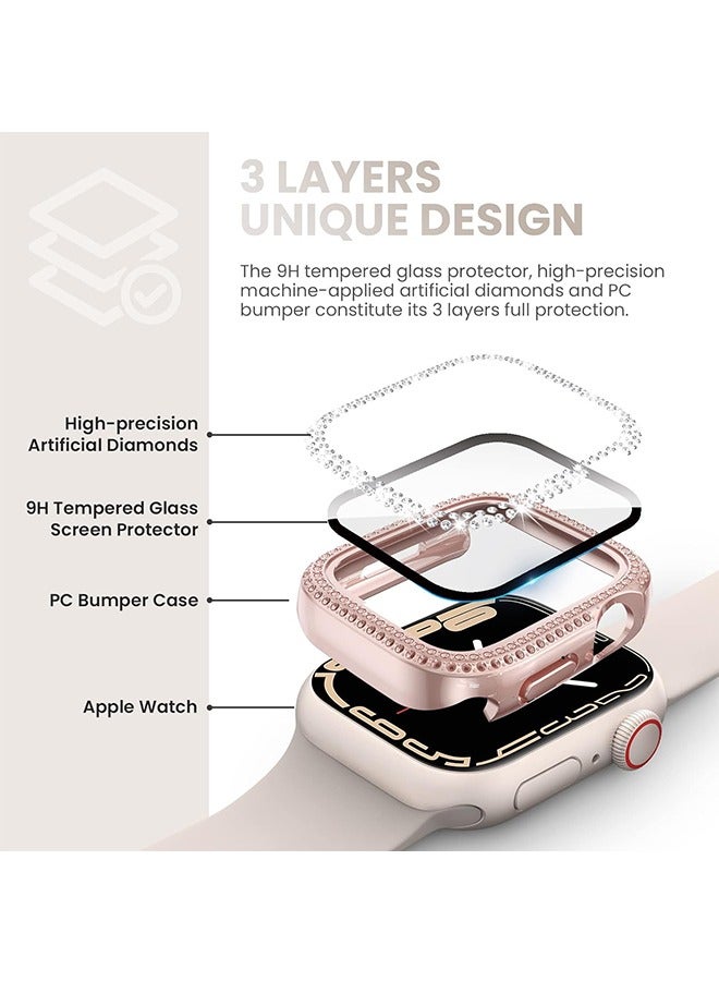 3 قطع أبل ووتش حامي الشاشة سلسلة 9/8/7 45mm الملحقات، iWatch الصلبة PC الماس حالة الوفير المدمج في فيلم الزجاج المقسى، واقية بلينغ غطاء الوجه للنساء الفتيات، 45 ملم - Image 3