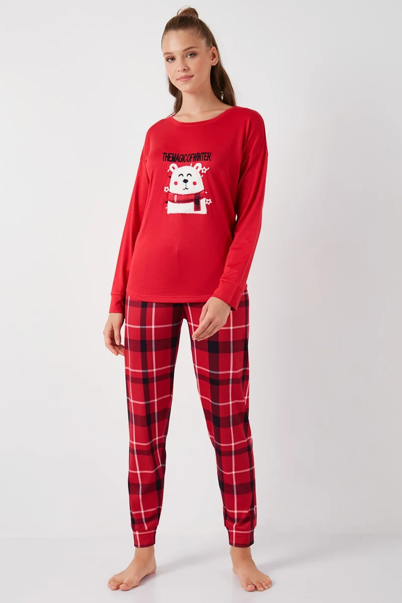 Lela Stretch Standard Fit Crew Neck Patterned Pajama Set Women's Pajama Set 6095700