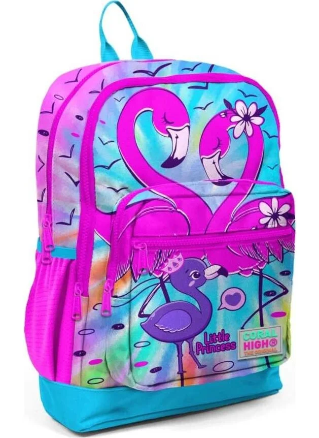 CORAL HIGH Kids Blue Pink Flamingo Patterned Four Compartment School Backpack 23730