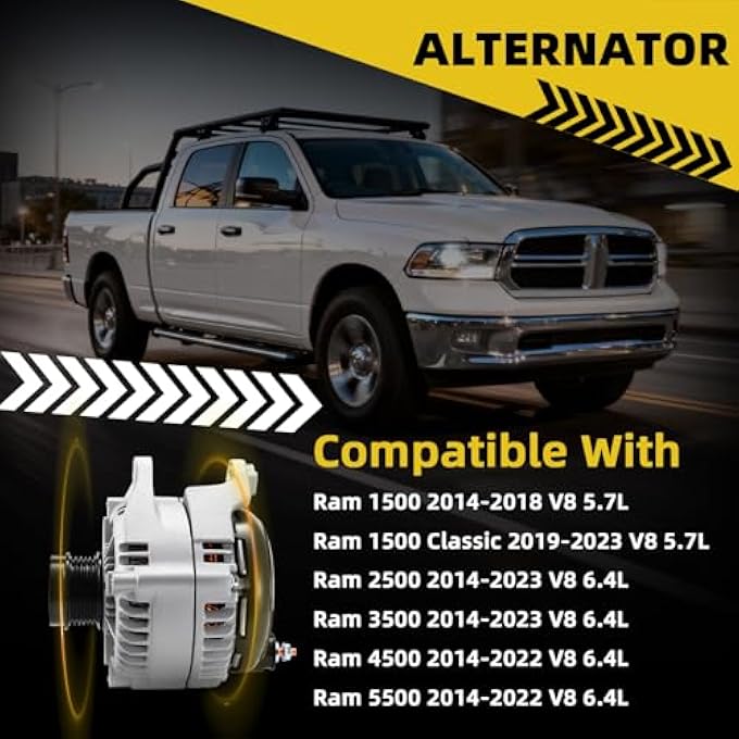 HXYBBGS 14027N 56029644AB Alternator Compatible with Ram1500 14-181500Classic 19-232500 14-233500 14-234500 14-22,5500 14-22 2.7L 6.4L 12V 220A CW 6-Groove Clutch Pulley Replace 56029644AA - Image 2
