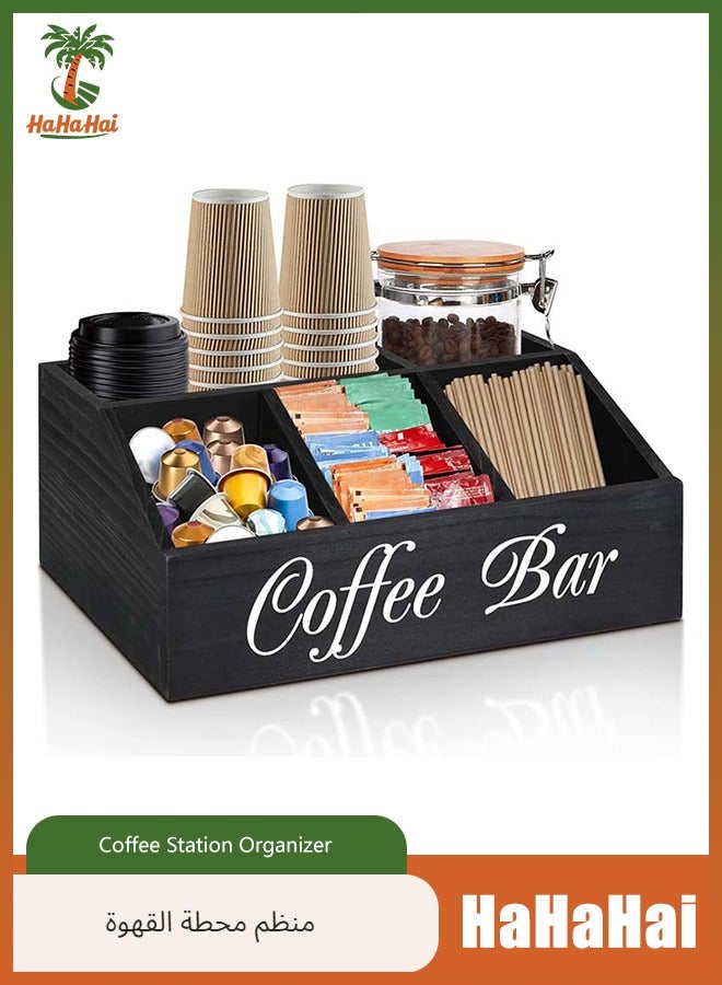 HaHaHai Coffee Station Organizer for Counter, Wood Coffee Pods Holder Storage Basket, Coffee and Tea Condiment Storage Organizer, Rustic Coffee Bar Decor for Coffee Accessories Organizer  - Image 1