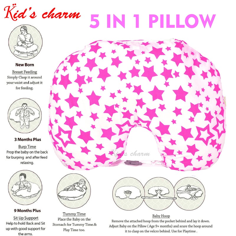 Kid's Charm Kid's Charm Star-Multi 3 PCS Combo Set |3 in 1 Baby's Cotton Bed Cum Carry Bed|5 in 1 Baby's Cotton Breast Feeding Pillow with Safety Belt|2 in 1 Baby's Cotton with Mosquito Net for 4-8 Months (Pink) - Image 4