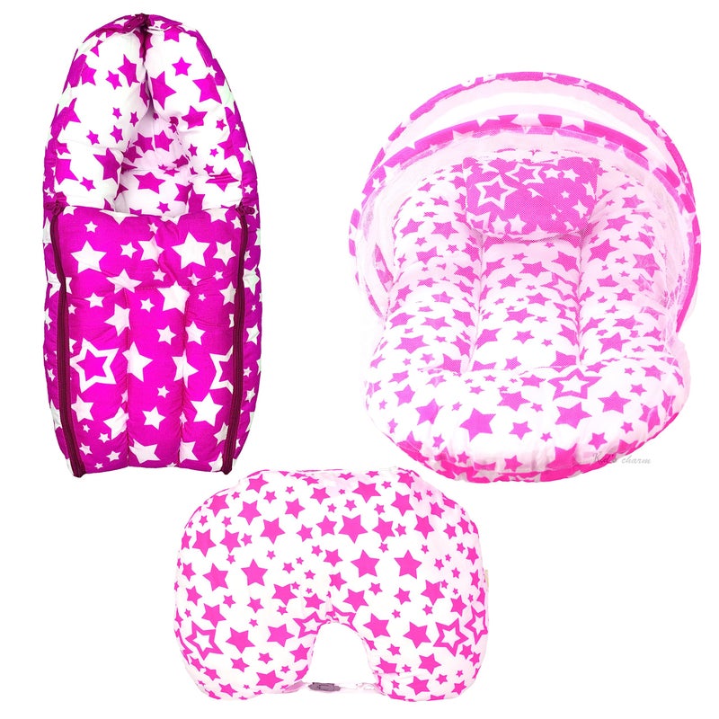 Kid's Charm Kid's Charm Star-Multi 3 PCS Combo Set |3 in 1 Baby's Cotton Bed Cum Carry Bed|5 in 1 Baby's Cotton Breast Feeding Pillow with Safety Belt|2 in 1 Baby's Cotton with Mosquito Net for 4-8 Months (Pink) - Image 1