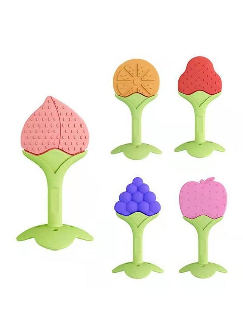 5 Piece Food-grade Non-Toxic Soft Silicone Fruit Teething Toy With Holder, BPA Free Infant And Toddler Silicone Teethers Soothe Babies Gums, Perfect Baby Gift
