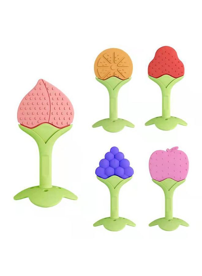 5 Piece Food-grade Non-Toxic Soft Silicone Fruit Teething Toy With Holder, BPA Free Infant And Toddler Silicone Teethers Soothe Babies Gums, Perfect Baby Gift  - Image 1