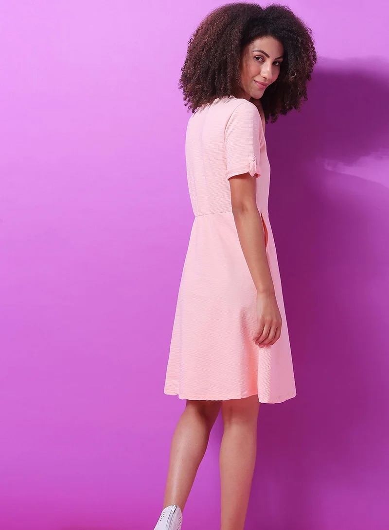 Pinacolada  Women's Blush Pink Textured Skater Dress for Women | Best Price UAE