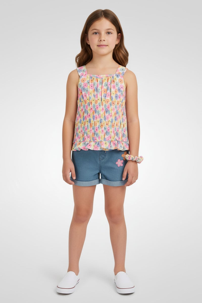 little lass طقم فتيات الأطفال 3 قطع بتصميم زهور مع سكرانشي، متعدد الألوان - Image 1