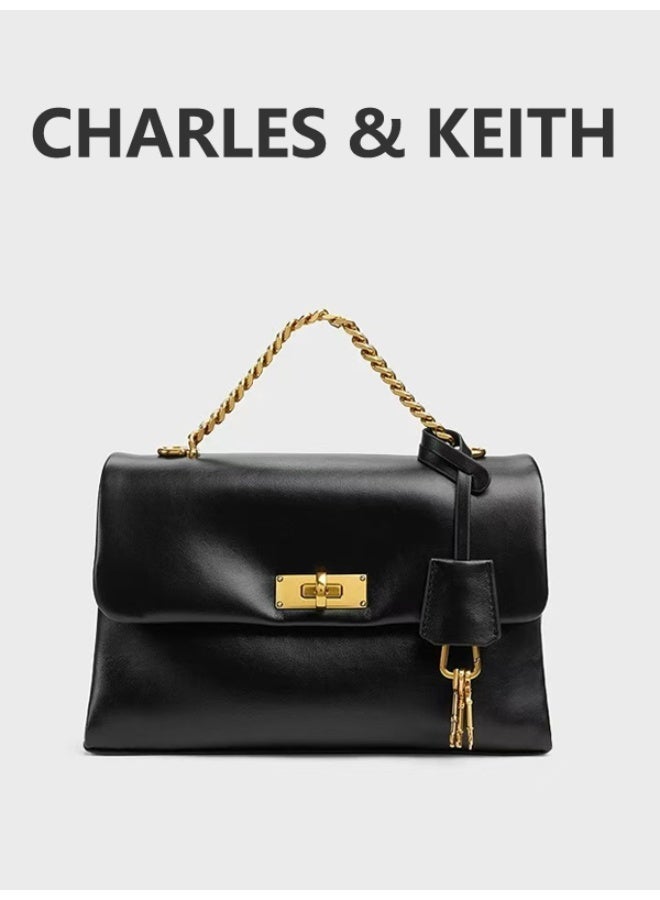 Charles & Keith Charles&Keith Black Leather Shoulder Bag with Gold Chain, Women's Fashion Handbag, Suitable for Daily and Elegant Appearance - Image 1