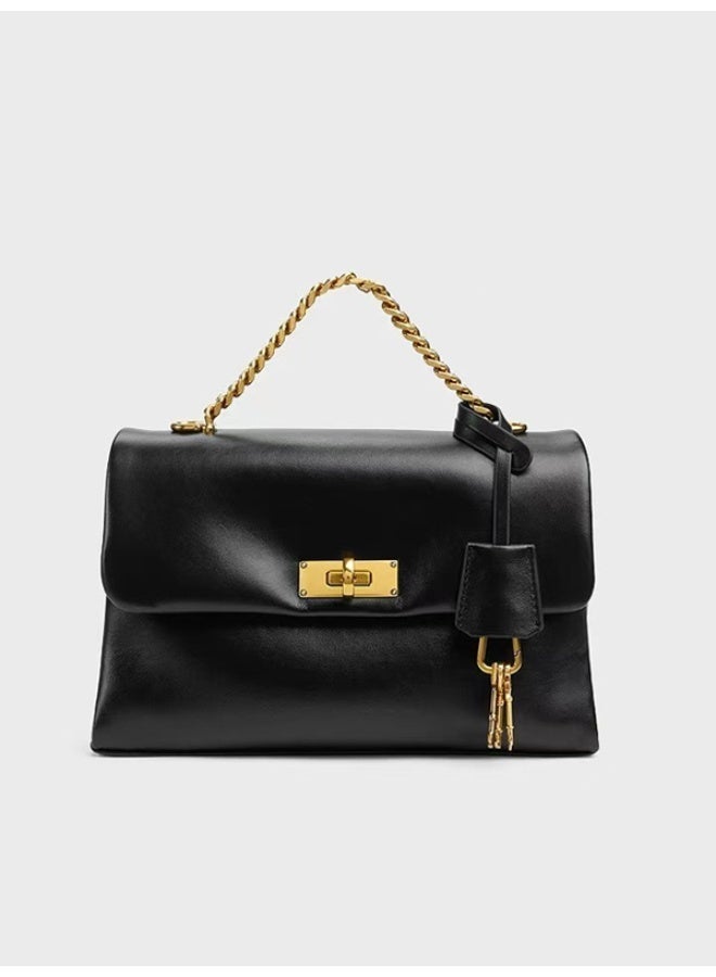 Charles & Keith Charles&Keith Black Leather Shoulder Bag with Gold Chain, Women's Fashion Handbag, Suitable for Daily and Elegant Appearance - Image 5