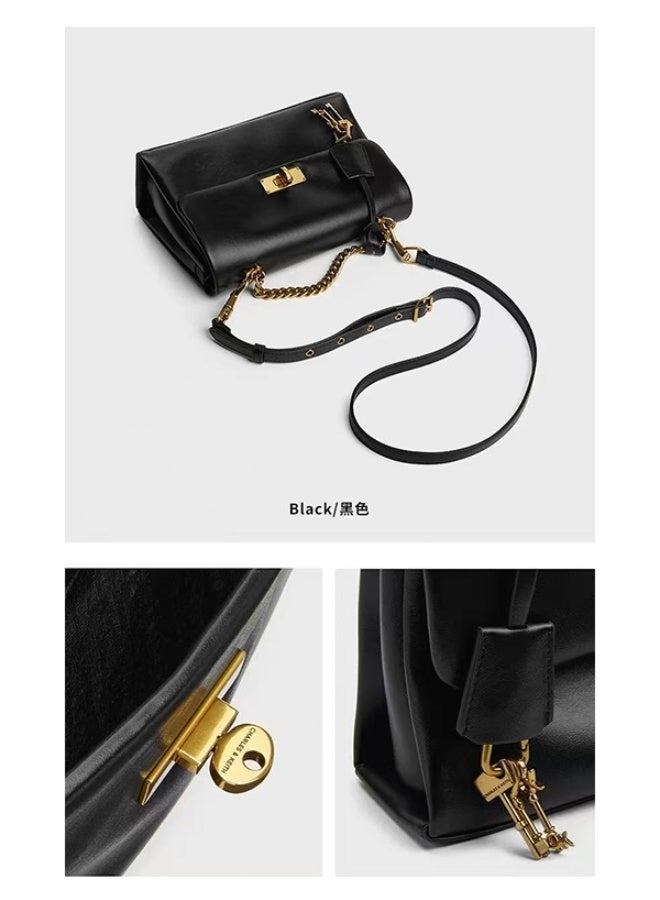 Charles & Keith Charles&Keith Black Leather Shoulder Bag with Gold Chain, Women's Fashion Handbag, Suitable for Daily and Elegant Appearance - Image 4