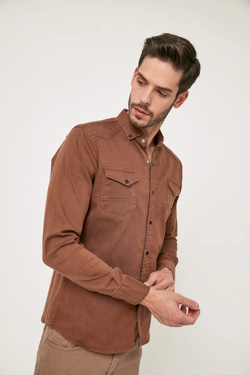 FullaModa Double Pocket Snap Fastener Gabardine Shirt