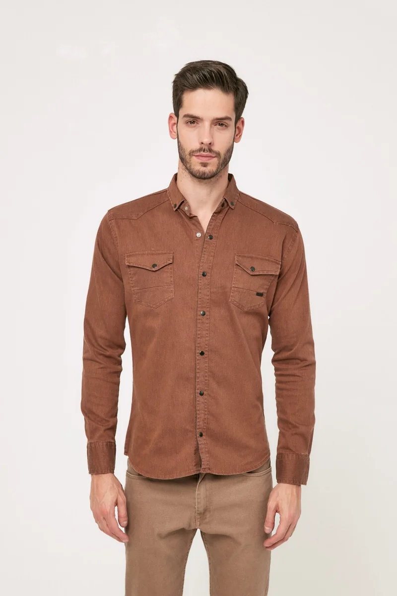 FullaModa Double Pocket Snap Fastener Gabardine Shirt