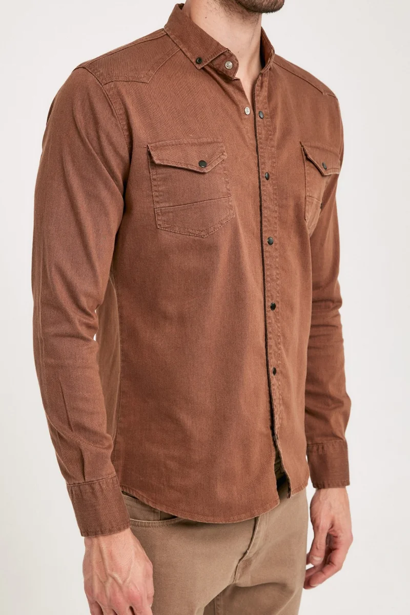 FullaModa Double Pocket Snap Fastener Gabardine Shirt