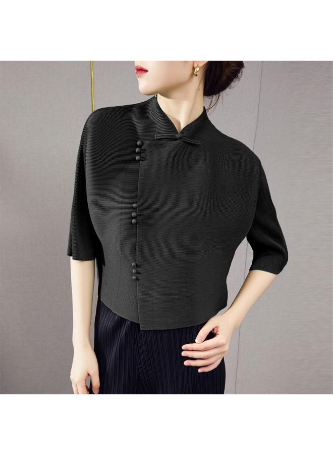 Chinese Style Pleated Top T-shirt Women's Spring And Summer New Design Niche Retro Buckle Five-point Sleeve Cardigan