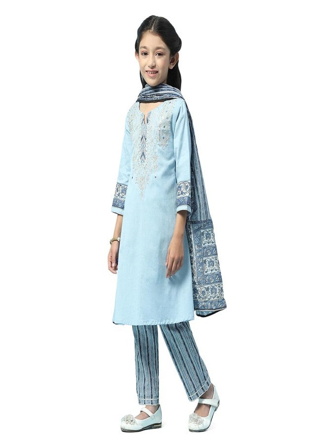 BIBA Cotton Girl Printed Straight Kid Kurta Set With Dupatta (Kw5000_Powder Blue_3) - Image 3
