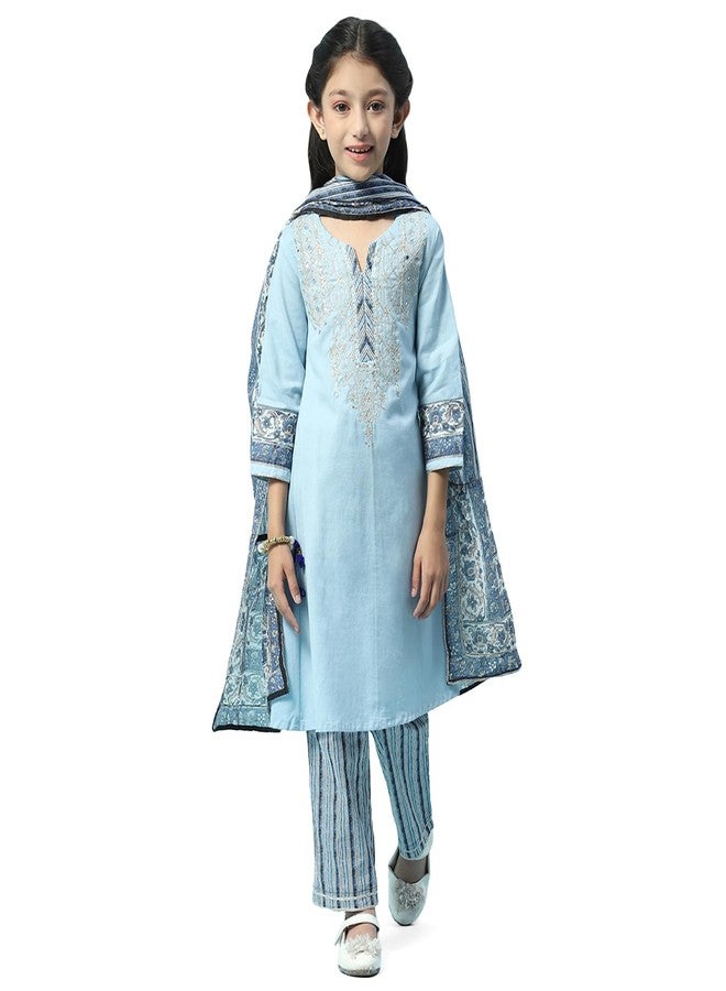 BIBA Cotton Girl Printed Straight Kid Kurta Set With Dupatta (Kw5000_Powder Blue_3) - Image 1