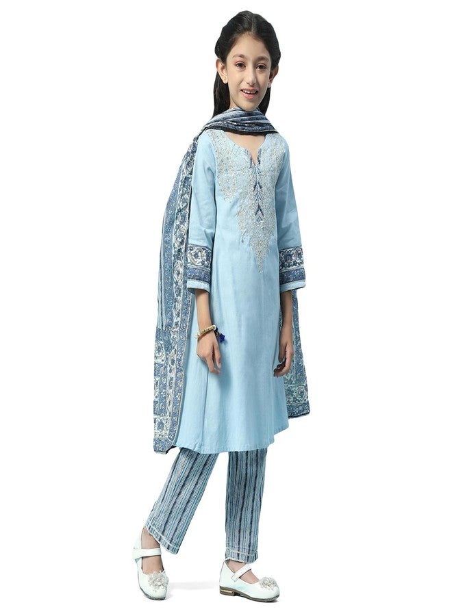 BIBA Cotton Girl Printed Straight Kid Kurta Set With Dupatta (Kw5000_Powder Blue_3) - Image 2