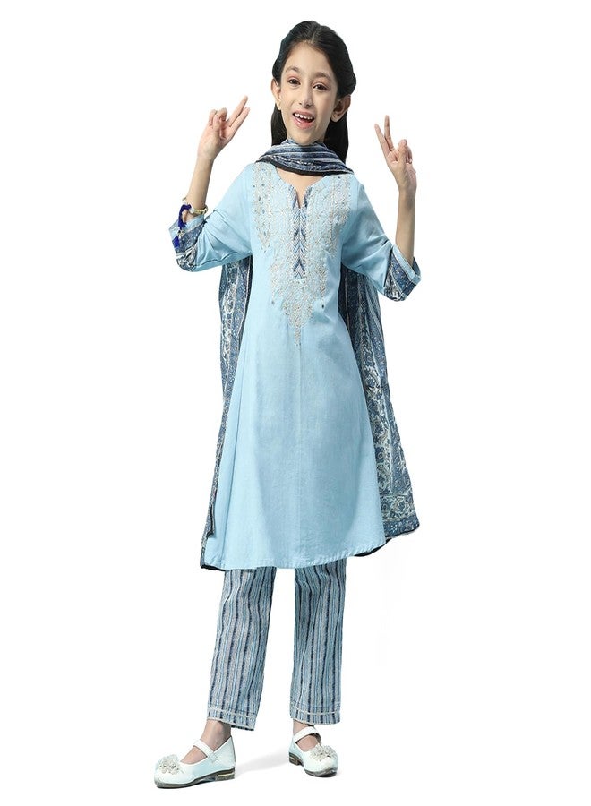 BIBA Cotton Girl Printed Straight Kid Kurta Set With Dupatta (Kw5000_Powder Blue_3) - Image 5