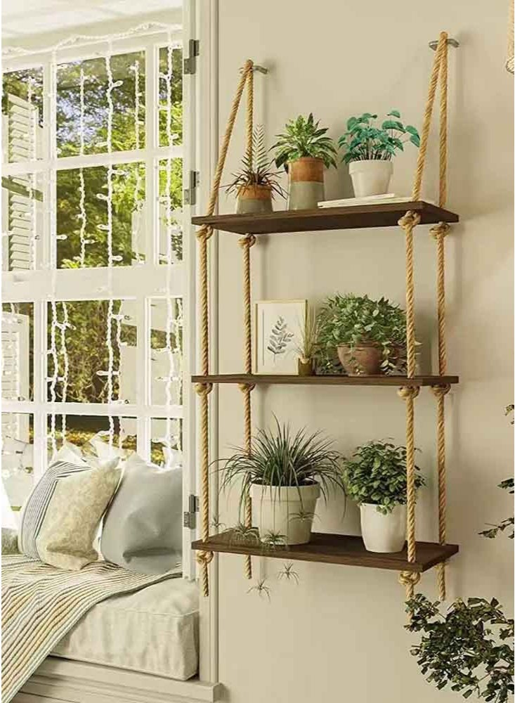 LeadMy Rustic Hanging Rope Wooden Shelf Floating Wall Decor for Family Photos Plants Cozy Home Bedroom Nursery Kitchen Corner Brown - Image 1