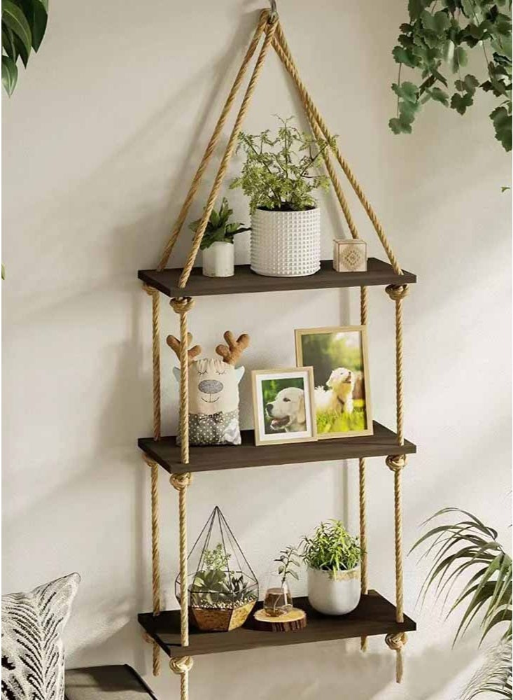 LeadMy Rustic Hanging Rope Wooden Shelf Floating Wall Decor for Family Photos Plants Cozy Home Bedroom Nursery Kitchen Corner Brown - Image 2