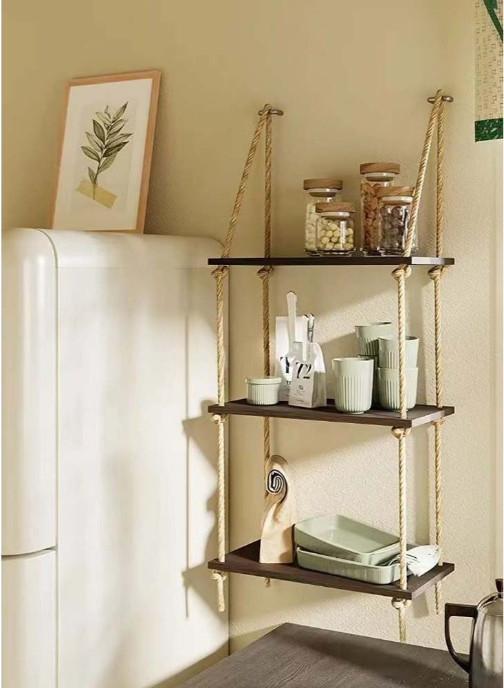LeadMy Rustic Hanging Rope Wooden Shelf Floating Wall Decor for Family Photos Plants Cozy Home Bedroom Nursery Kitchen Corner Brown - Image 3