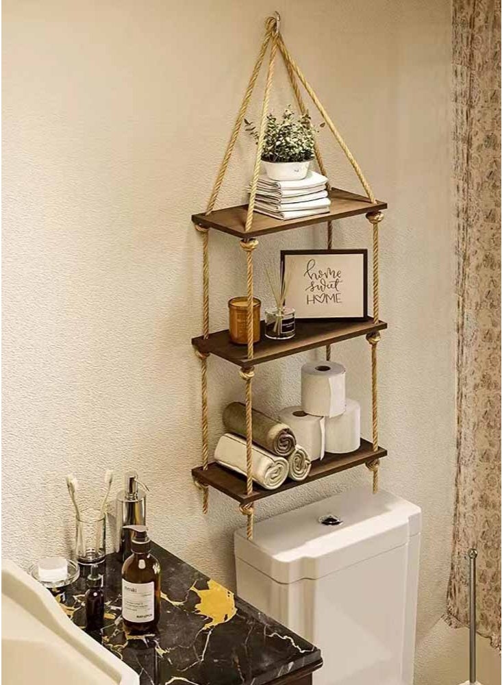 LeadMy Rustic Hanging Rope Wooden Shelf Floating Wall Decor for Family Photos Plants Cozy Home Bedroom Nursery Kitchen Corner Brown - Image 4