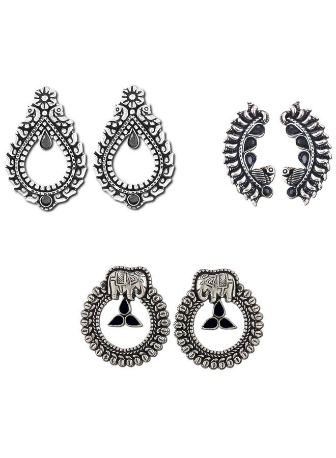 VAMA VAMA Fashions Premium Boho Gypsy Style German Silver Oxidised Afghani Tribal Stud Earrings Combo Set for Women & Girls - Image 1