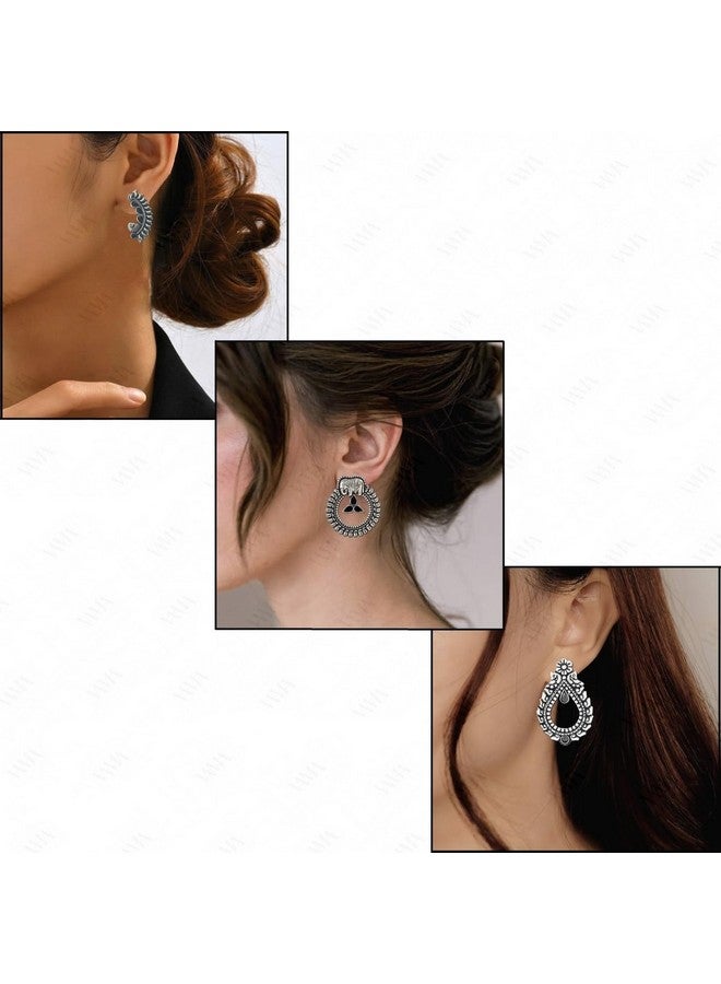 VAMA VAMA Fashions Premium Boho Gypsy Style German Silver Oxidised Afghani Tribal Stud Earrings Combo Set for Women & Girls - Image 5
