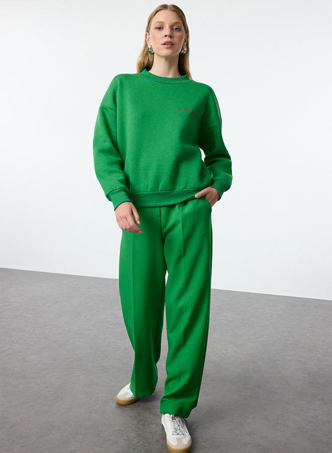 trendyol Green Thick Polar Fleece Regular/Normal Pattern Slogan Embroidered Knitted Sweatshirt TWOAW21SW1061 - Image 2