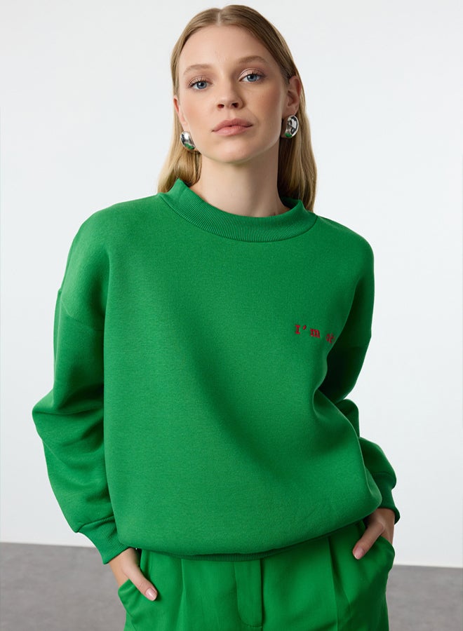 trendyol Green Thick Polar Fleece Regular/Normal Pattern Slogan Embroidered Knitted Sweatshirt TWOAW21SW1061 - Image 1