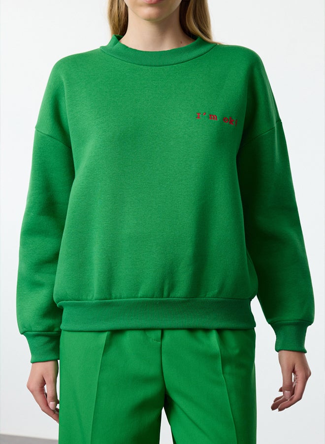 trendyol Green Thick Polar Fleece Regular/Normal Pattern Slogan Embroidered Knitted Sweatshirt TWOAW21SW1061 - Image 4